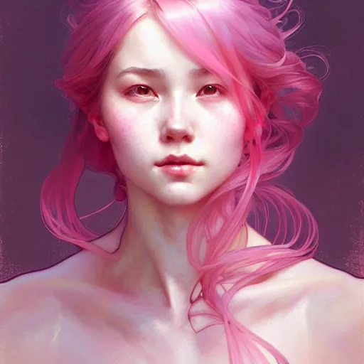 Prompt: Portrait of a eurasian girl with pink hair, glowing skin, fantasy, intricate, elegant, highly detailed, digital painting, artstation, concept art, smooth, sharp focus, illustration, art by Krenz Cushart and Artem Demura and alphonse mucha