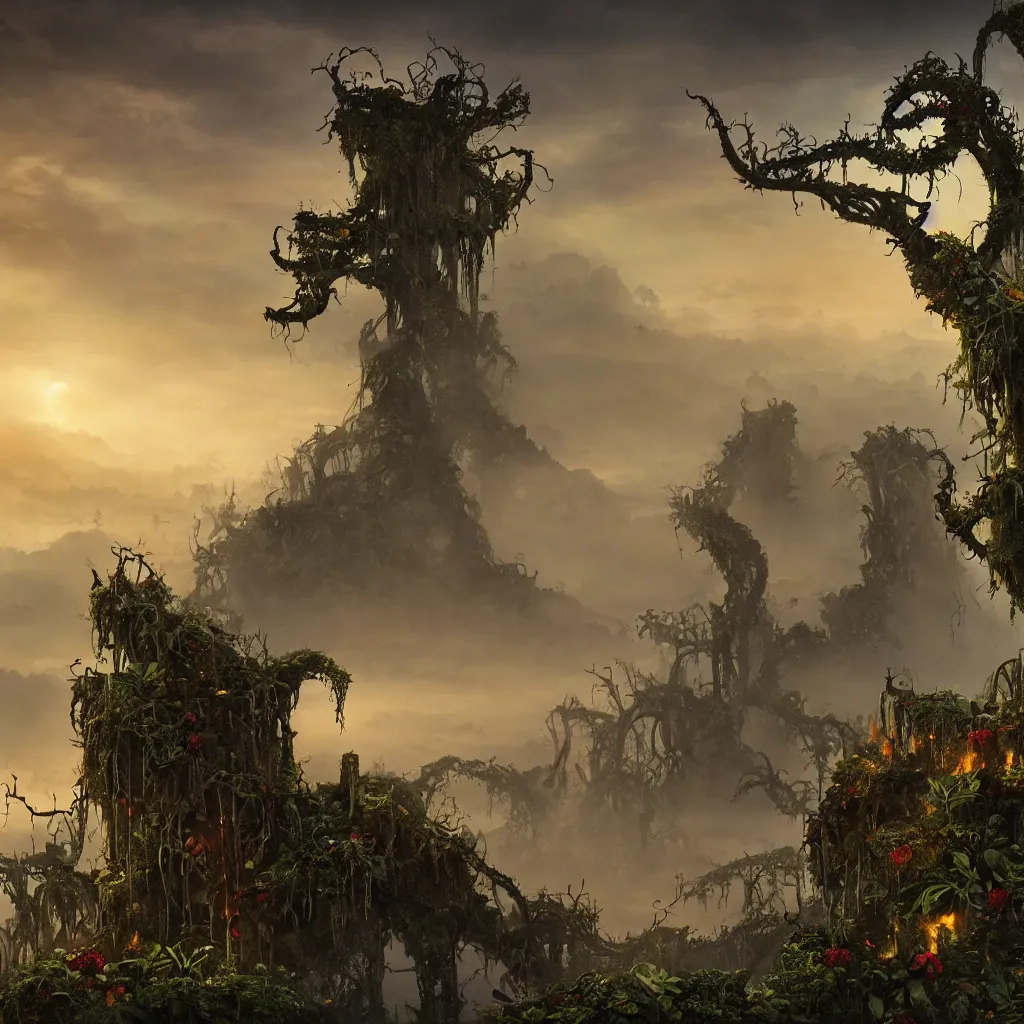 Image similar to An incredibly beautiful but ominous matte painting depicting a profusion of evil carnivorous vines and colorful flowers and lush exotic trees and bloated toadstools, with horrifying huge burning eyes and jagged bloody teeth, overgrowing a desolate ruins submerged in fog beneath the setting sun, nvidia, vray, evening, epic scale