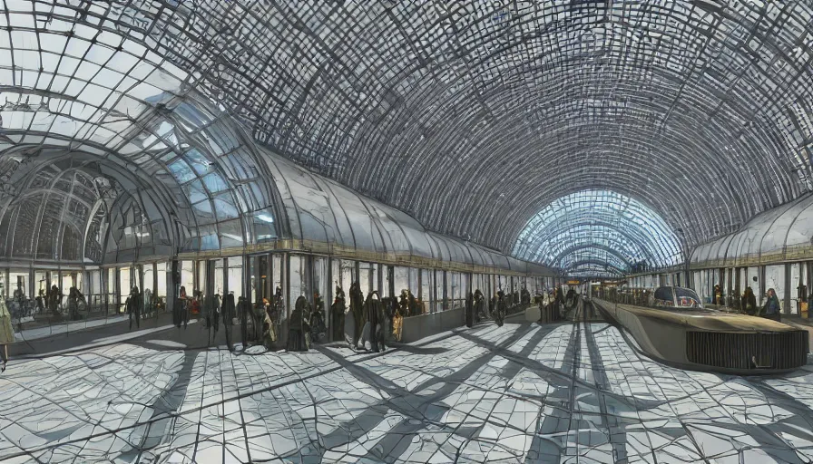 Prompt: futuristic neo vintage berlin railway station, with glass church train station, hyperdetailed, artstation, cgsociety, 8 k, by moebius