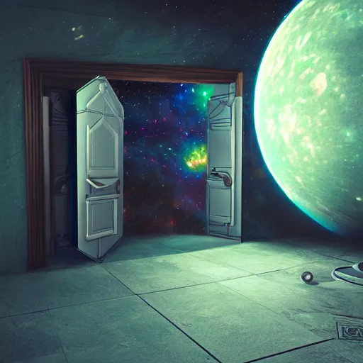 Prompt: 4 k, hyper - realism, distant shot, extra - details, 3 d, b blender, psychedelic astronaut opening door that leads to the universe.