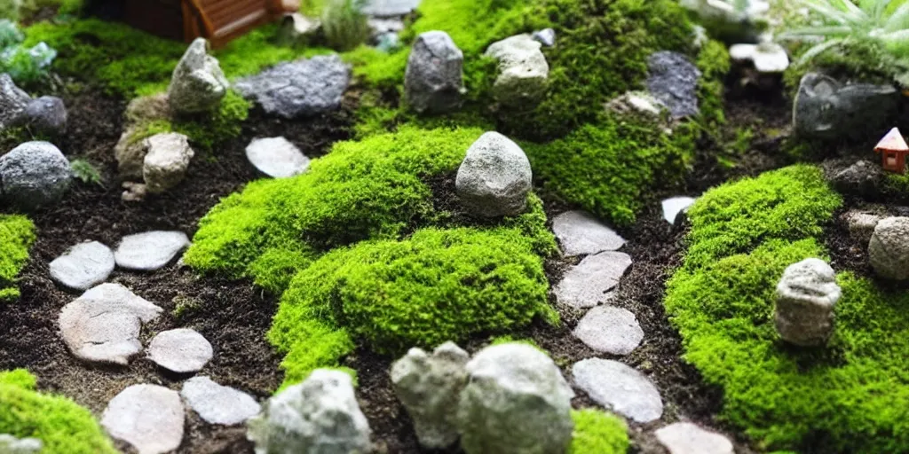 Image similar to miniature garden, cottagecore, moss, plants, cute, friendly