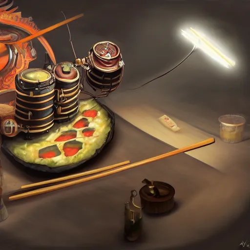 Prompt: reflected in sushi knife: fantasy steampunk Squid drummer with tentacles and frantically playing a big rock&roll drum set in the spotlight dystopian photorealistic, by Philipp A. Urlich and Pengzhen Zhang an Andreas Rocha, fantasy, intricate, elegant, highly detailed, digital painting, artstation, blender, unreal engine 5, octane render, smooth, sharp focus, illustration