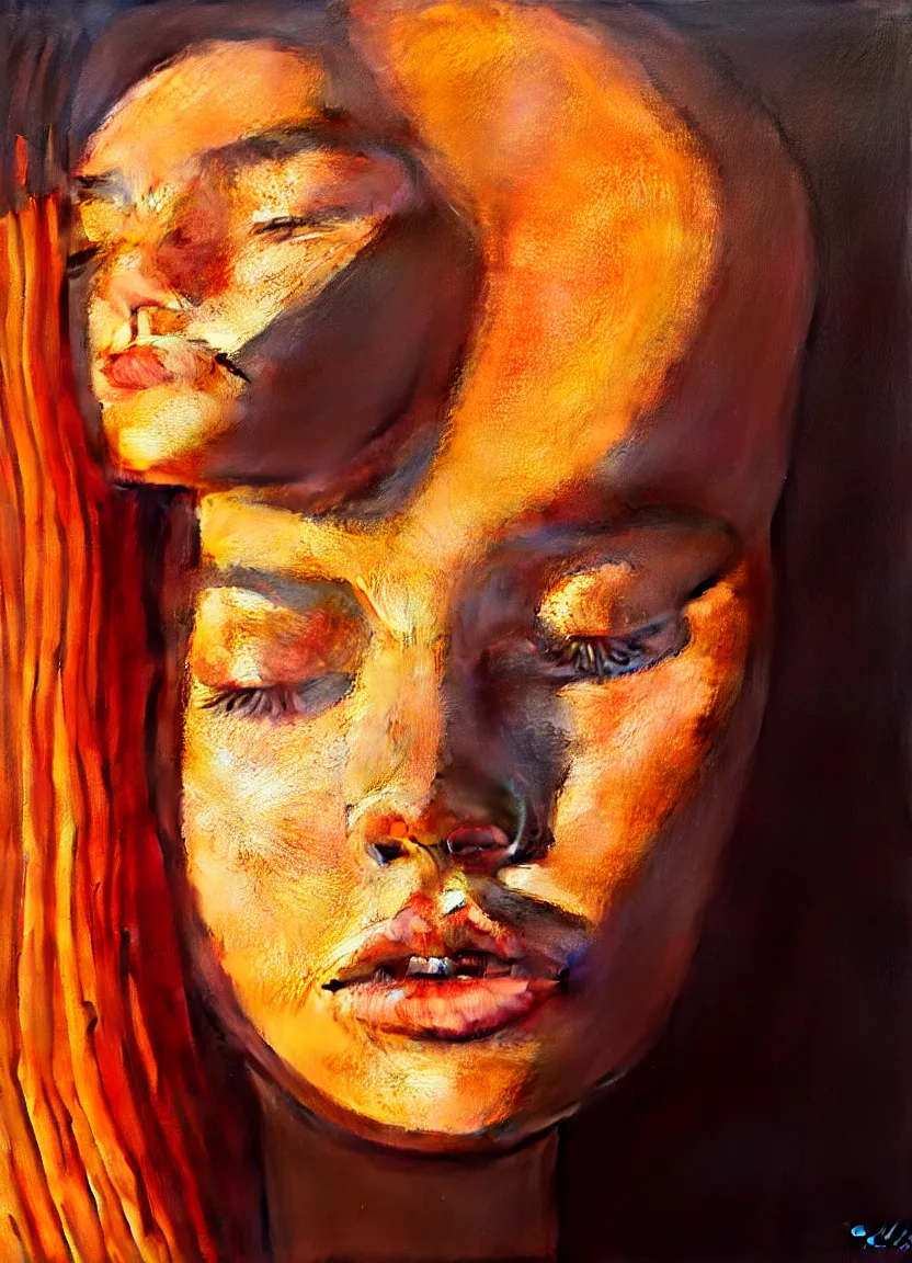 Prompt: a face portrait of a beautiful girl enjoying the warm sunlight, aztec setting, close - shot, symmetrical face, warm colors, soft lighting, atmospheric, cinematic, moody, in the style of diego koi, gina heyer, luiz escanuela, art by alyssa monk, hyperrealism, rule of thirds, golden ratio, oil on canvas, 8 k