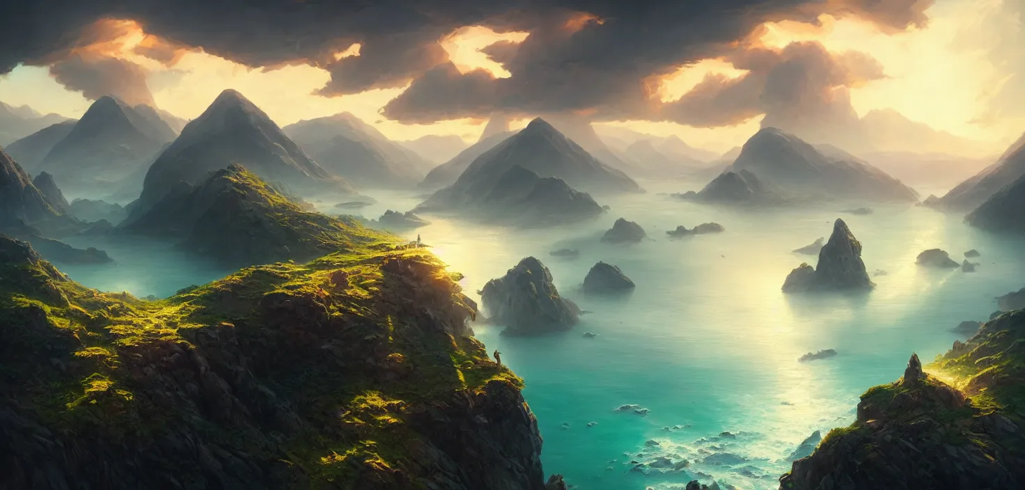 Image similar to nature landscape, aerial view, drone photography, cinematic, mountains and ocean, cinematic view, epic sky, detailed, concept art, high detail, warm lighting, volumetric, godrays, vivid, beautiful, trending on artstation, by jordan grimmer, art greg rutkowski