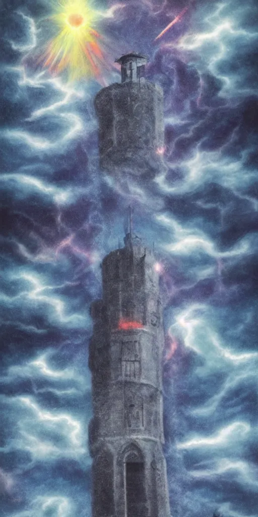 Image similar to the tower tarot card, airbrush sky realistic stormcloud with glimpses of flares