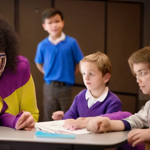 Image similar to Thanos explaining math to children in a school, 40nm, shallow depth of field, split lighting, 4k,