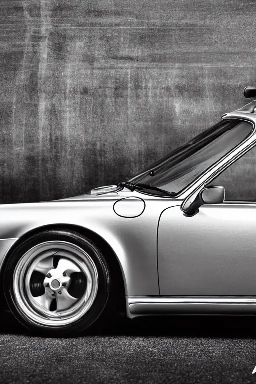 Image similar to Photo of a silver Porsche 911 Carrera 3.2, daylight, dramatic lighting, award winning, highly detailed, wide shot, 1980s Versace ad, Fashion photography, fine art print.