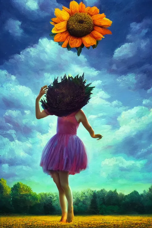 Image similar to giant daisy flower as head, girl dancing in a flower field, surreal photography, sunrise, dramatic light, impressionist painting, colorful clouds, digital painting, artstation, simon stalenhag