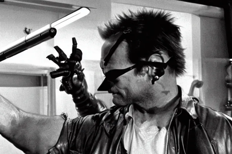 Image similar to Jack Nicholson plays Pikachu Terminator, action scene where he shoots from his gameboy