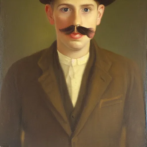 Prompt: portrait of a british young man in a flat cap, a light mustache, and a nice brown suit, oil painting