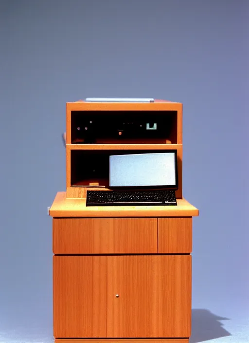 Prompt: realistic photo of a scientific model of perfect computer made of wood, front view, 1 9 9 0, life magazine reportage photo, metropolitan museum photo