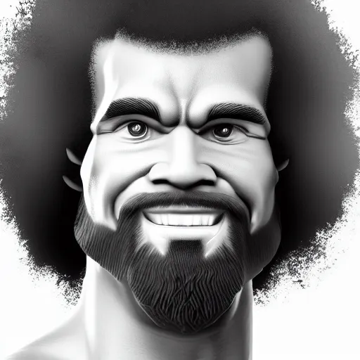 Image similar to hyperdetalied portrait of muscular Bob Ross, black and white, photography studio, 8k, trending on artstation,