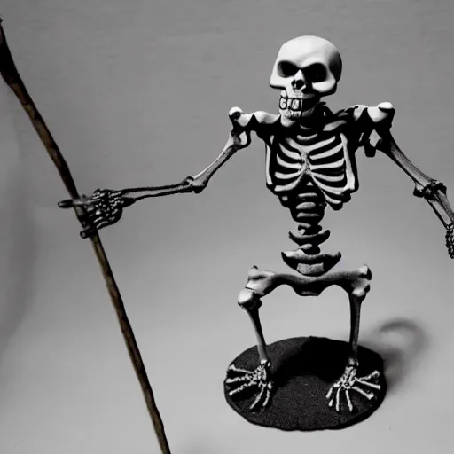 Image similar to skeleton character does his victory dance in the dungeon, claymation, stop motion, dimly lit, highly detailed