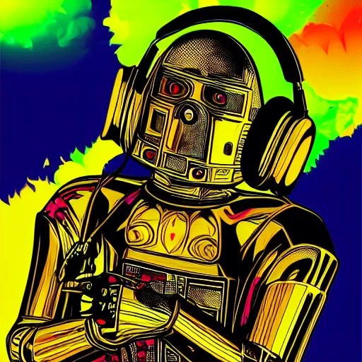 Prompt: artgerm, psychedelic laughing c 3 p 0, rocking out, headphones dj rave, digital artwork, r. crumb, svg vector