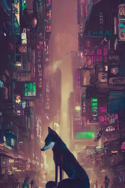 Image similar to beautiful portrait of a tall female anthro fox smoking a cigarette in a bustling crowd of a rainy city street, cyberpunk, harsh neon lights, highly detailed, sharp focus, digital painting, illustration, trending on artstation, art by sakimichan, artgerm