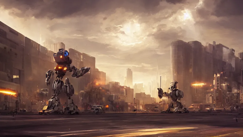 Prompt: Amazing photorealistic digital concept art of a guardian robot in a futurstic city, by James Clyne and Joseph Cross. Cinematic. LED lighting. A bright billowing explosion in the distance. Wide angle. Clean lines.
