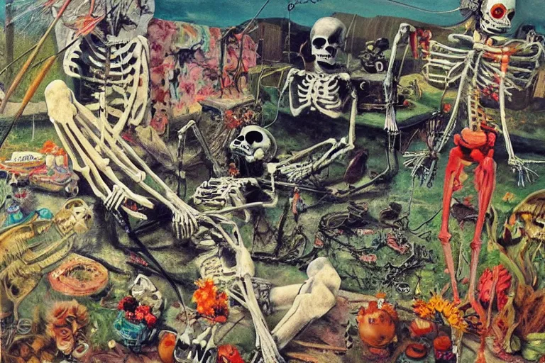 Image similar to scene from fishing, day of the dead, cyber skeleton, neon painting by otto dix