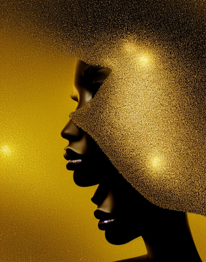 Prompt: abstract head shot intricate portrait of beautiful supermodel females silhouette sleeping in black glossy acrylic paint and crystals, intricate, elegant, abstract art, surrounded by golden glitter, ferrofluids and energy glow, golden particles flying in the air. matte painting. epic lens flare. octane render, by beeple, wlop, tooth wu, greg rutkowski,