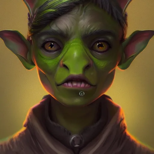 Image similar to Goblin Cleric with large expressive eyes and a scarf, hatched ear, green skin, highly detailed, by Luke Pearson, artgerm, digital illustration, concept art