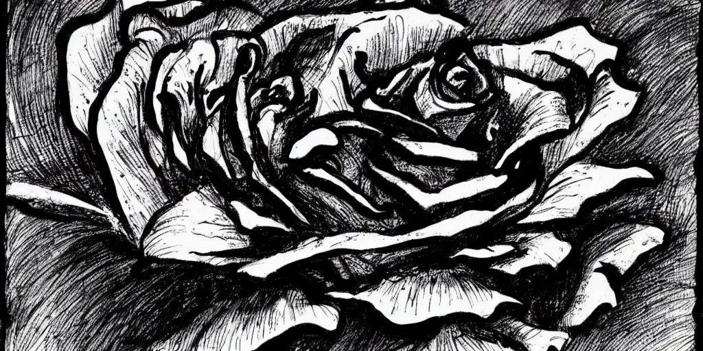 Image similar to ink lineart drawing of a rose, white background, etchings by goya, chinese brush pen illustration, high contrast, deep black tones, contour