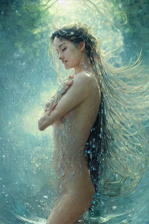 Image similar to portrait of a beautiful woman wearing a kimono, silver hair, drenched body, wet dripping hair, emerging from the water, fantasy, regal, fractal crystal, fractal stone gems, by stanley artgerm lau, greg rutkowski, thomas kindkade, alphonse mucha, loish, norman rockwell