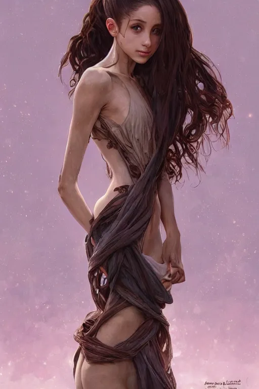 Image similar to malnourished cottagecore anorexic Ariana Grande , unhealthy skinny, sad and unhealthy, intricate, elegant, highly detailed, digital painting, artstation, concept art, smooth, sharp, focus, illustration, art by artgerm and greg rutkowski and alphonse mucha