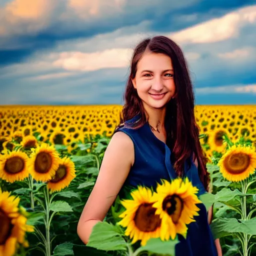 Image similar to Portrait, Photo of a Ukrainian girl Smiling at the camera, Beautiful pretty young, flowers in her dark hair, Scene: Sunflower field, Colors: Yellow sunflowers, blue cloudy sky, In a style of Real-Life Natural Photo