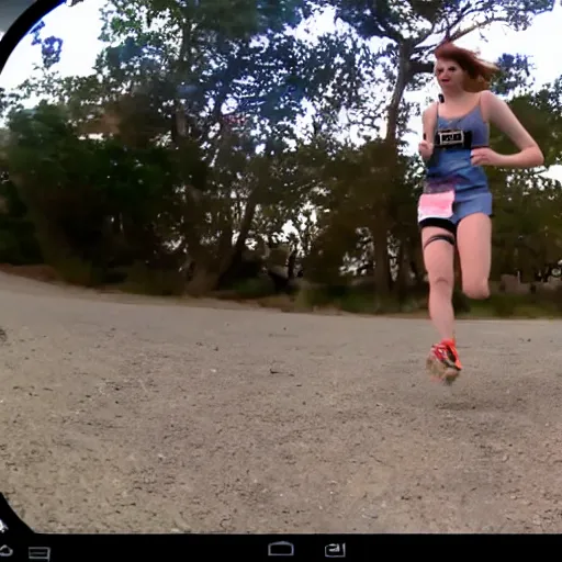 Prompt: screenshot of go pro footage from front view emma stone running in front of tiger