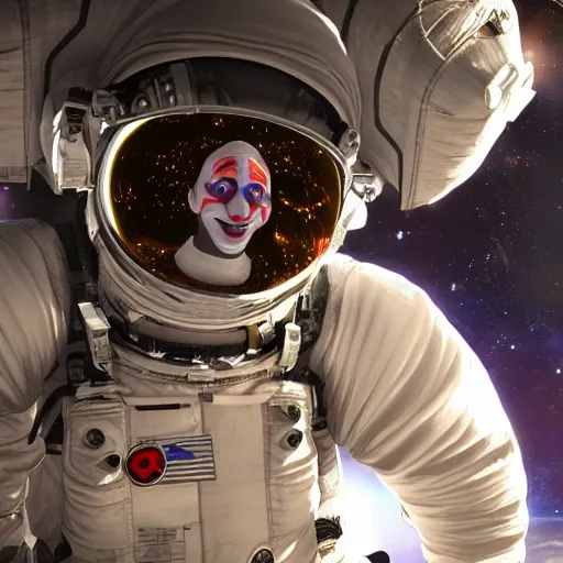 Prompt: !dream clown in a spacesuit looks at an exploding space station 13, 4k very detailed, cinematic