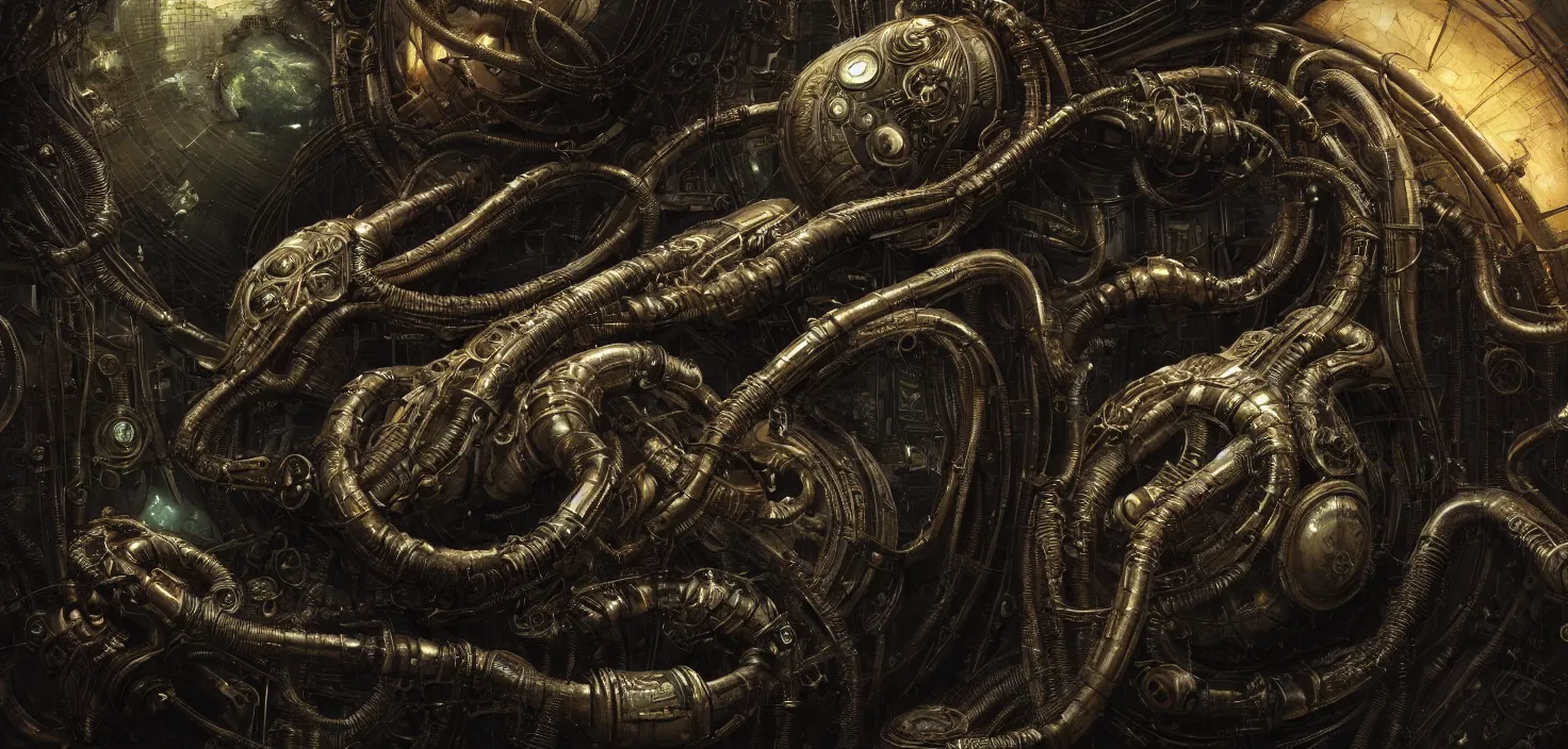 Image similar to Prometheus biological steampunk environment set close-up, diselpunk sleep capsule close-up, in a nightmarish universe of odd forms and somber tapestry, HR Giger and Vincent Di Fate, vivid color scheme, featured in artstation, octane render, cinematic, elegant, intricate, 8k