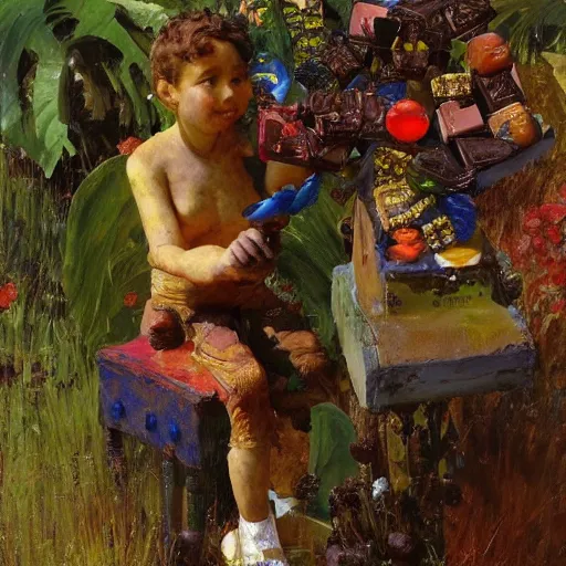 Image similar to a sculpture portrait made of candys and lollipops and chocolate and plants, painting part by wojciech siudmak, part by ilya repin, part by max ernst, part by norman rockwell, artstation