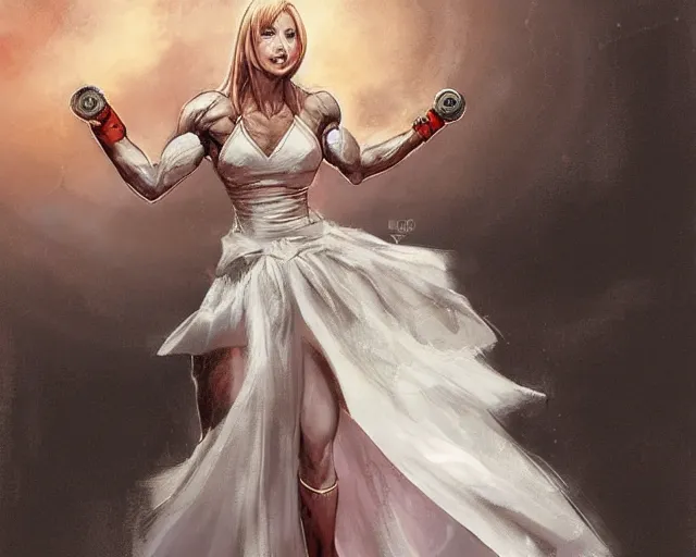 Prompt: portrait of samus aran as a very attractive happy female bodybuilder wearing wedding dress, elegant, fantasy, hd shot, digital portrait, beautiful, artstation, comic style, by artgerm, guy denning, jakub rozalski, magali villeneuve and charlie bowater