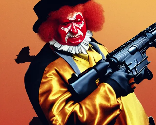 Prompt: ronald macdonald as scarface ronald macdonald holding ar - 1 5, promotional image, cinematic