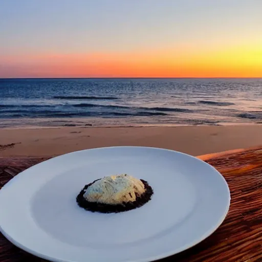 Image similar to photo of a white dish over a table with a sunset on the beach in the background