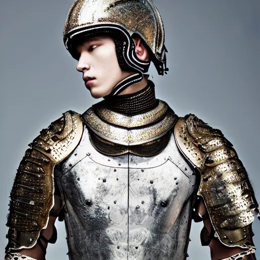 Image similar to a portrait of a beautiful young male wearing an alexander mcqueen armor made of sweet dreams , photographed by andrew thomas huang, artistic