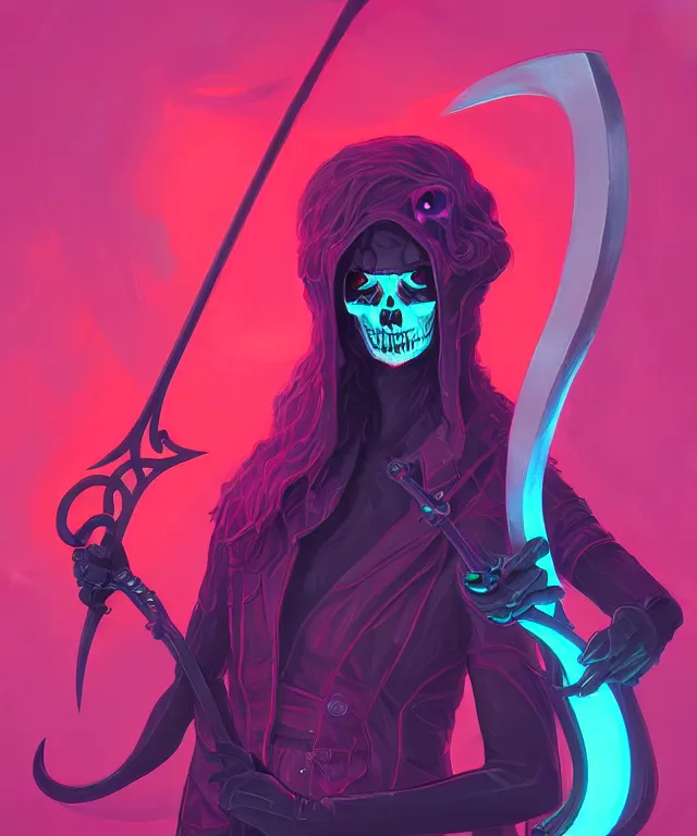 Image similar to a portrait of a neon grimm reaper holding a single scythe, fantasy, elegant, digital painting, artstation, concept art, matte, sharp focus, illustration, art by josan gonzalez