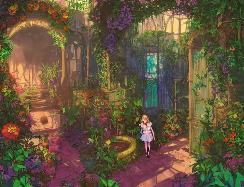 Image similar to little girl in steampunk vaporwave courtyard garden. complementary colors, gouache, indie concept art, bloom, chiaroscuro, backlighting, intricate details.