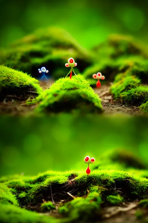 Image similar to pikmin on a mossy forest floor, tilt shift photography