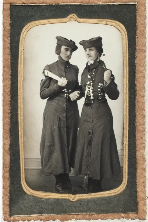 Prompt: two women soldiers in uniform gossiping, 1800s, photograph