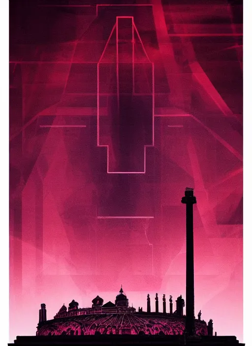 Image similar to dark design poster showing a majestic roman city, black background with very subtle red and purple design elements, powerful, nekro, vito acconci, thin straight lines, dark, glitch art, neo vaporwave, gritty, layout frame, square, trending on artstation