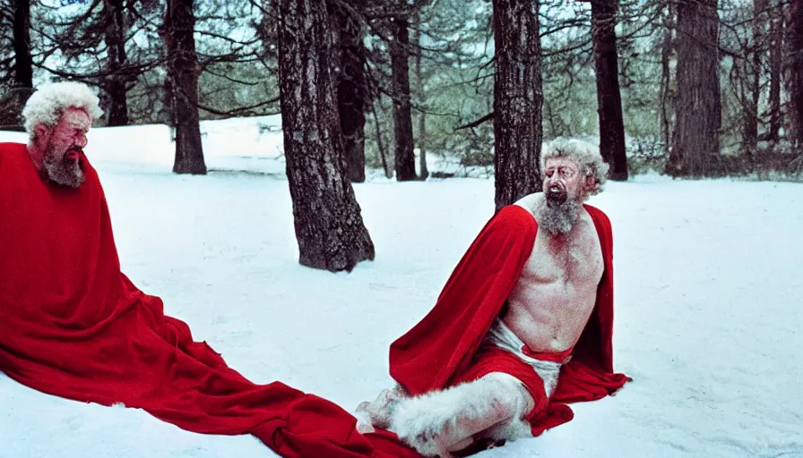 Image similar to 1 9 6 0 s movie still of marcus aurelius frozen to death under the snow by the side of a river in a red toga with a tired marked face, pine forests, cinestill 8 0 0 t 3 5 mm, high quality, heavy grain, high detail, texture, dramatic light, anamorphic, hyperrealistic, detailed hair, foggy