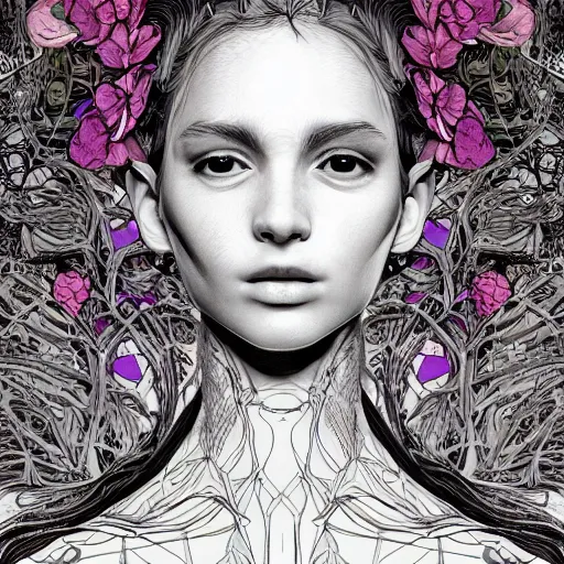 Image similar to the portrait of an incredibly beautiful woman made of potatoes roots and violets, an ultrafine detailed illustration by james jean, final fantasy, intricate linework, bright colors, behance contest winner, vanitas, angular, altermodern, unreal engine 5 highly rendered, global illumination, radiant light, detailed and intricate environment