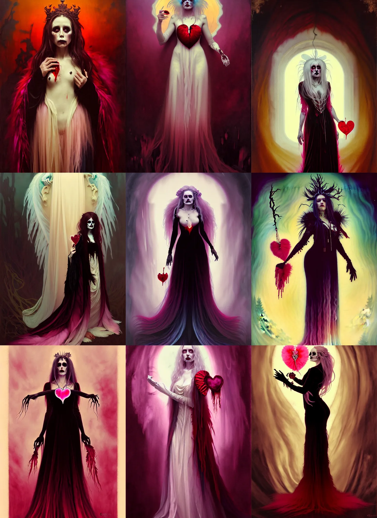 Prompt: ombre velvet gown, feathers, scary queen of death, holding a bleeding anatomically correct heart, portrait, long white hair, corpse, feral languid woman, by greg rutkowski, anato finnstark, alphonse mucha, global illumination, radiant light