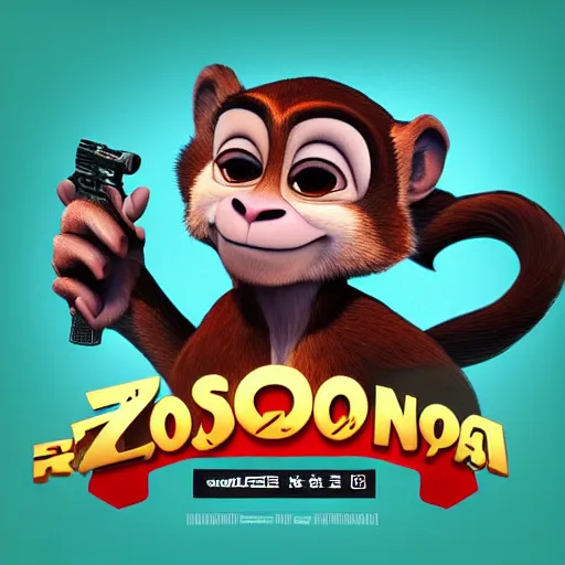 Image similar to “ logo of a monkey in the style of zootopia holding laser gun, with a black background, digital art, award winning, trending on art station, retro style ”