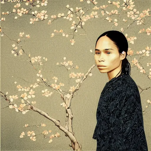 Image similar to “ zoe kravitz portrait by ikenaga yasunari and ayana otake and ko rakusui, drawing, realistic, sharp focus, japanese, dreamy, nostalgia, faded, golden hues, floral clothes ”