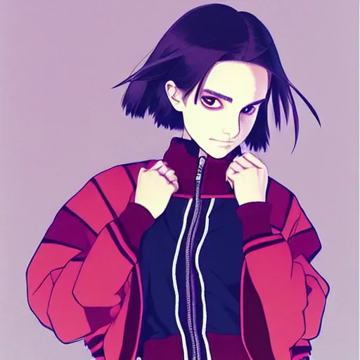 Image similar to a beautiful! boyish! natalie portman alluring gravure! model, wearing oversized aztec bomber jacket and leotard, poofy bomber jacket with mayan patterns, gapmoe yandere grimdark, trending on pixiv fanbox, painted by greg rutkowski makoto shinkai takashi takeuchi studio ghibli, akihiko yoshida