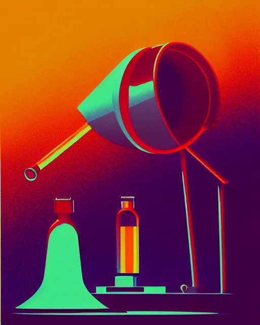 Image similar to editorial illustration scientific lab test tube telescope, colorful modern, mads berg, karolis strautniekas, christopher balaskas, fine texture, dynamic composition, detailed, matte print, dynamic perspective, halftone texture, muted color, lomography, risograph