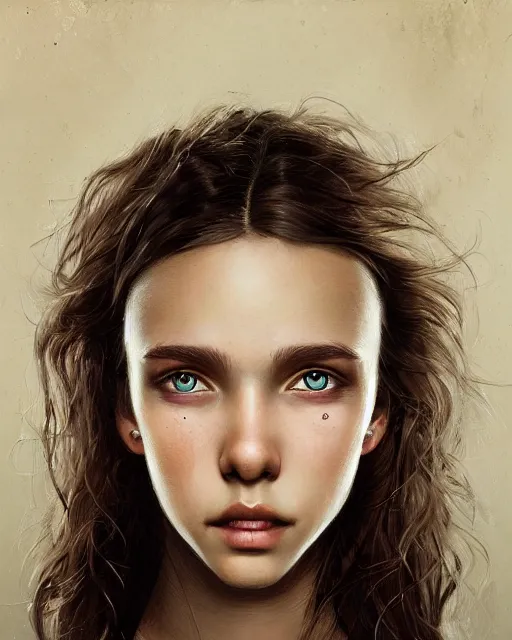 Image similar to symmetry!! portrait of 1 5 - year - old girl with voluminous bushy brown hair, large front teeth, and bright piercing brown eyes, hyper realistic face, beautiful eyes, fantasy art, in the style of greg rutkowski, intricate, hyper detailed, smooth