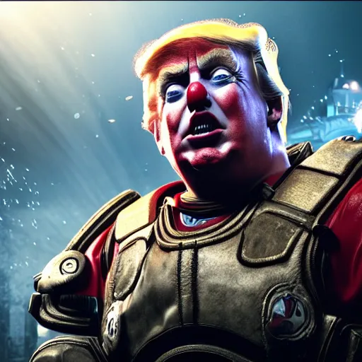 Image similar to portrait of donald trump as a clown in gears of war, splash art, movie still, cinematic lighting, ray tracing, octane render, long lens, shallow depth of field, bokeh, anamorphic lens flare, 8 k, hyper detailed, 3 5 mm film grain