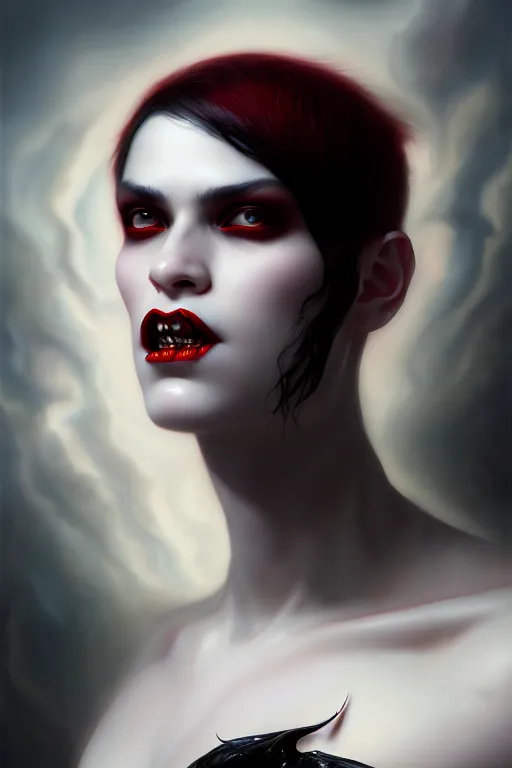 Image similar to a portrait of a sharp fang white pale skin devil with black eyes by karol bak, james jean, tom bagshaw, rococo, sharp focus, trending on artstation, cinematic lighting, hyper realism, octane render, 8 k, hyper detailed, vivid, ultra detailed, highly detailed